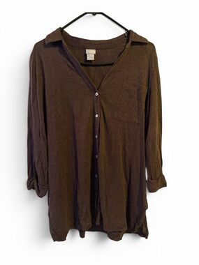 Chico's Chocolate Brown Button-Front Tunic Shirt 100% Linen